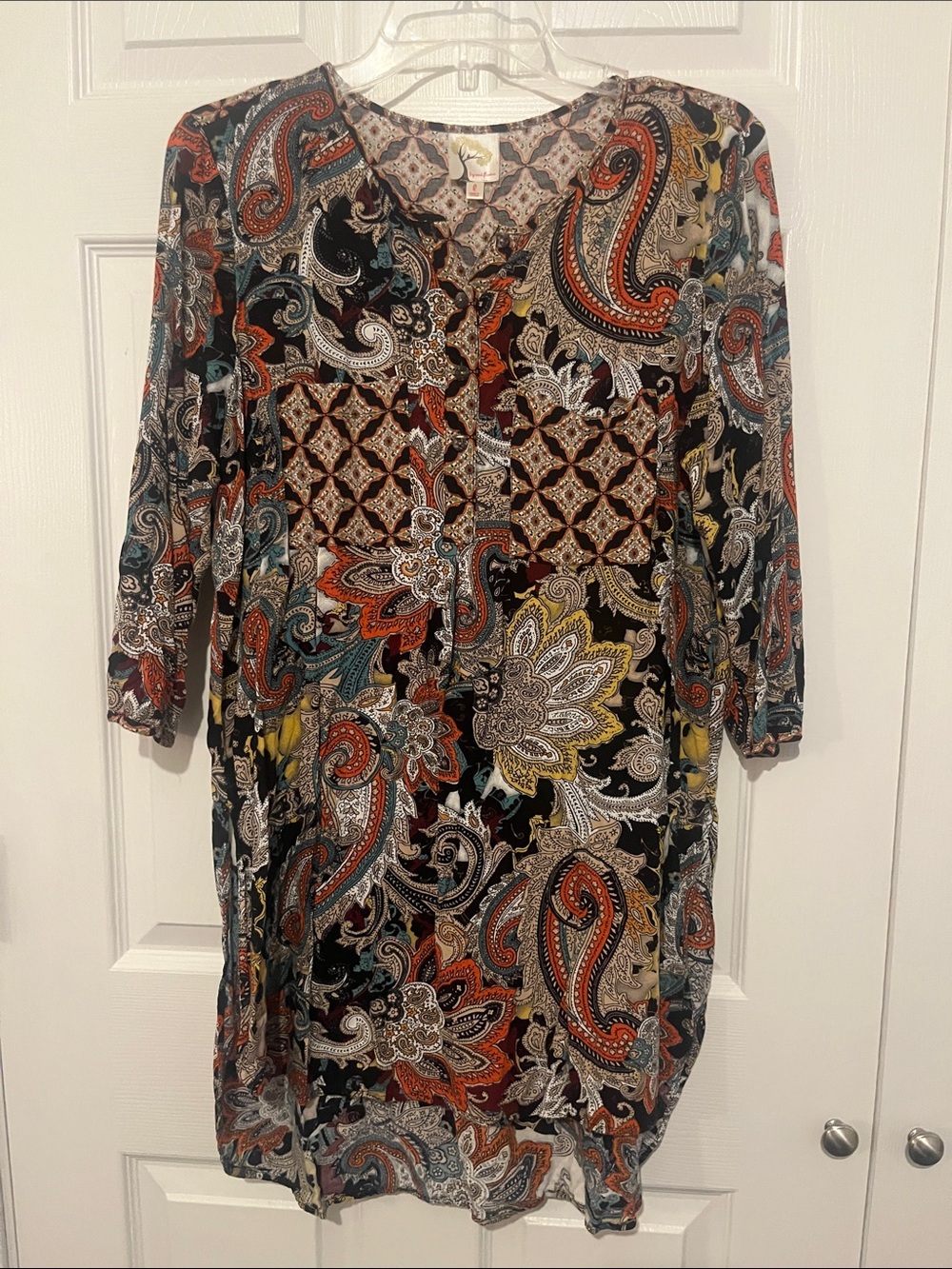 fig and flower Black Paisley-Print Long Sleeve Tunic with Multicolor Accents